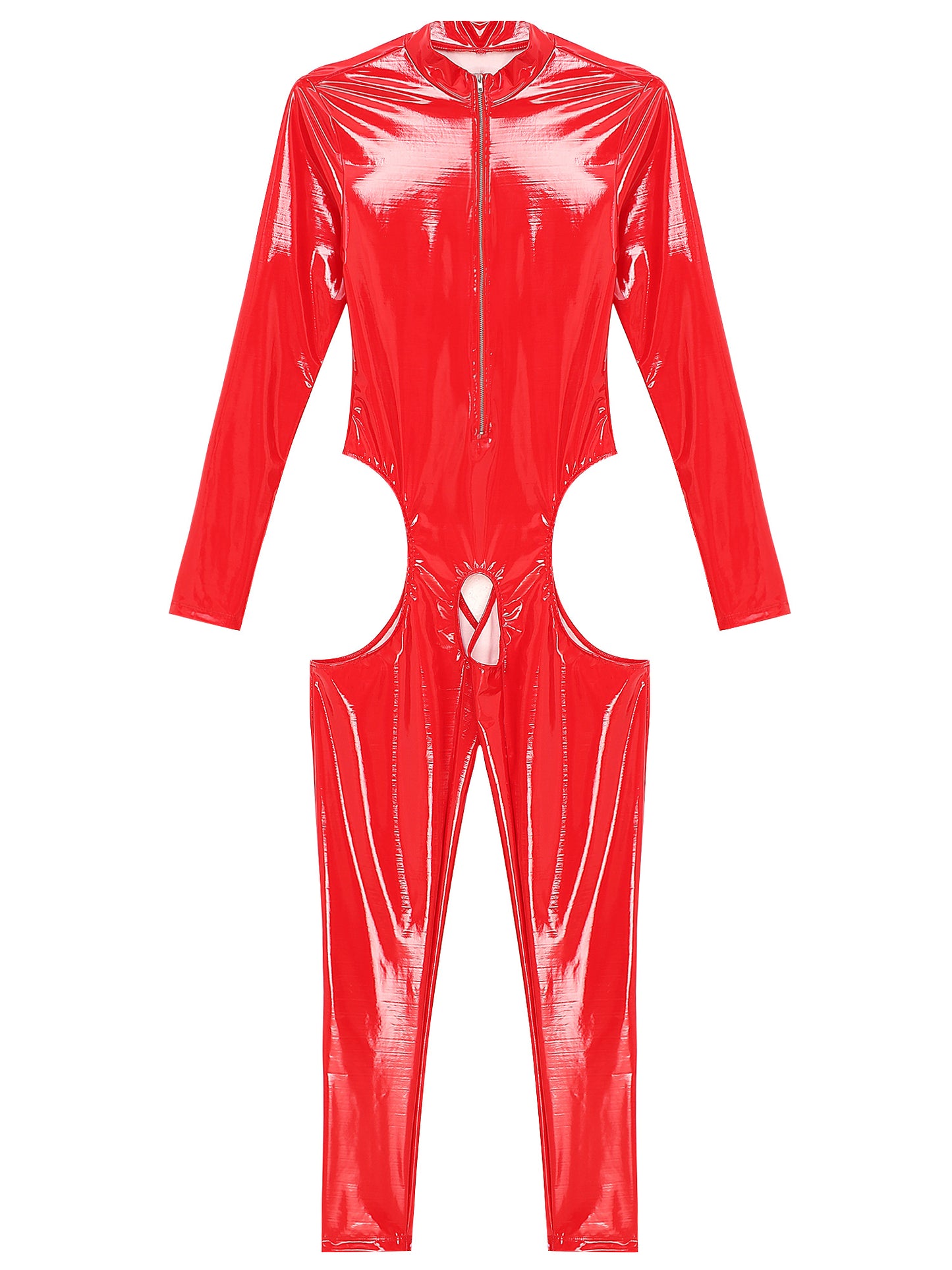 Damen Wet Look Lack leder Ausschnitt Schritt loser Overall Langarm Aushöhlen Skinny Bodysuit Catsuit Latex Clubwear