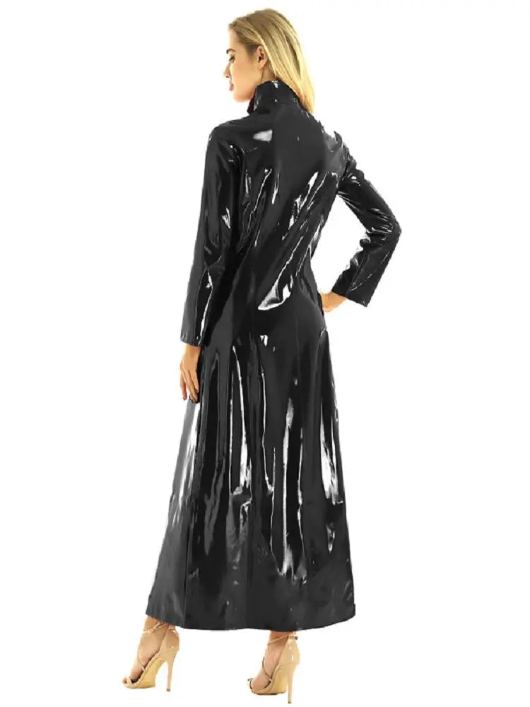 Long Sleeve Wet Look PVC Long Cape Coat Shiny PU Leather High Split Windbreaker Cloak Tight Cosplay Stage Costume Sexy Outerwear