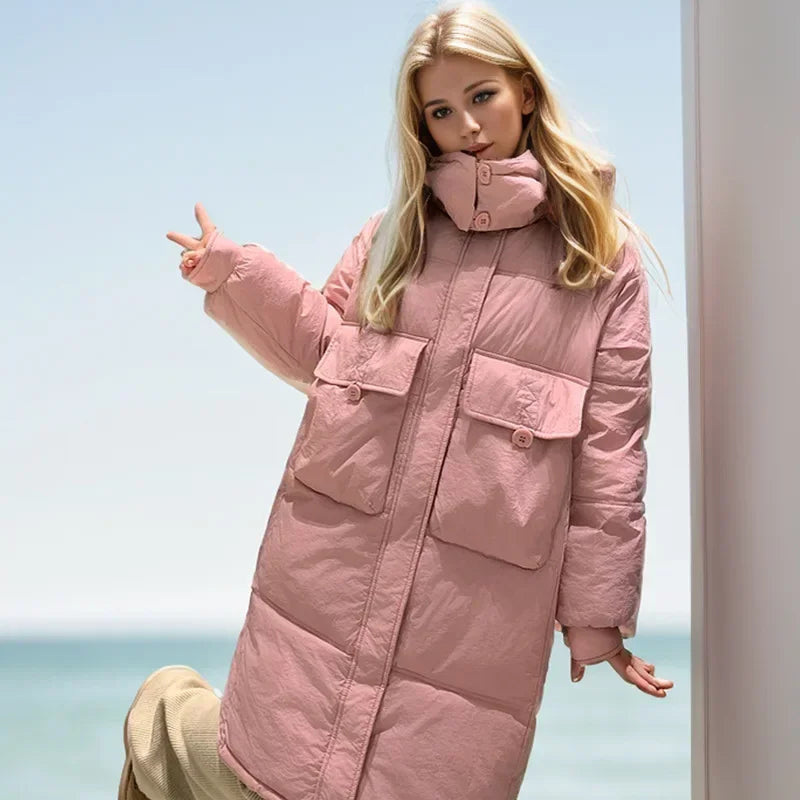 2024 Winter Daunen Baumwolle gepolsterte mittellange Kapuzen jacke koreanischen weiblichen Stil locker sitzen verdickte Parkas für alle Jahreszeiten Mantel