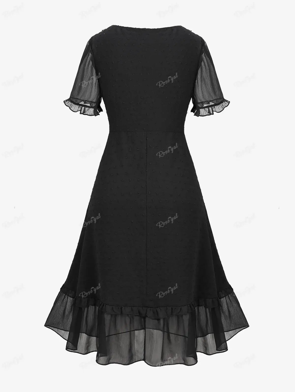 Ros gal Plus Size Freizeit kleider schwarz elegant V-Ausschnitt Spitzen besatz transparente Rüschen Kleid für Frauen Frühling, Sommer Streetwear Vestidos