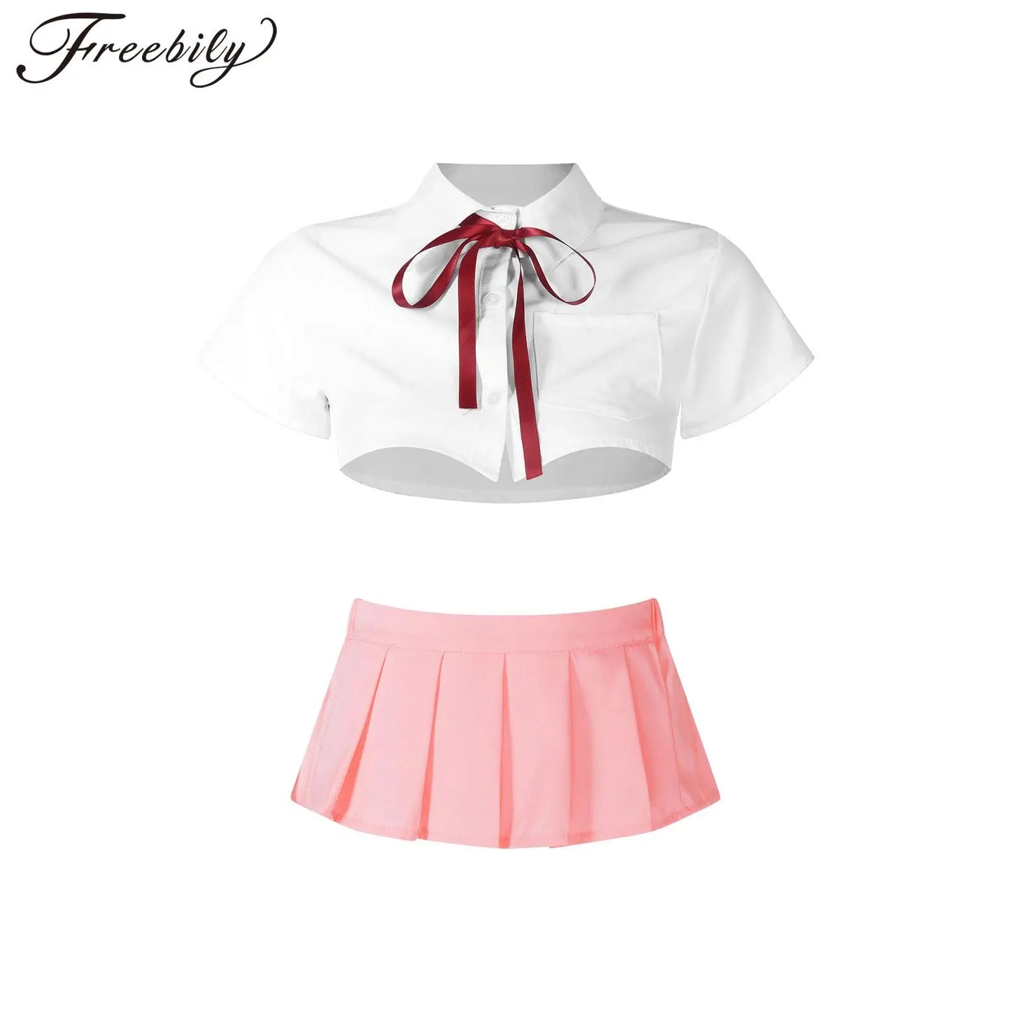 Sexy Schoolgirl Uniform Erotic Student Role Play Costume Japanese School Girl Short Sleeve Cropped Shirt with Mini Skirt Bow Tie