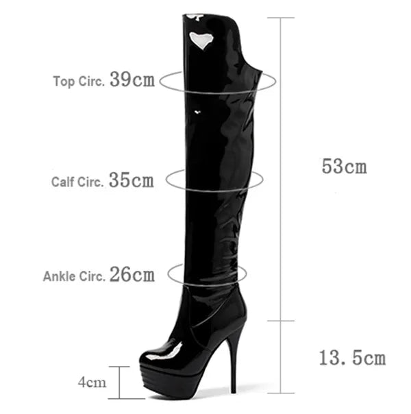 Sexy Frauen Oberschenkel hohe Plattform Stiefel schwarz rot Lack leder dünne Absätze runde Zehen Party Club Fetisch Dame Reiß verschluss über Knie Stiefel