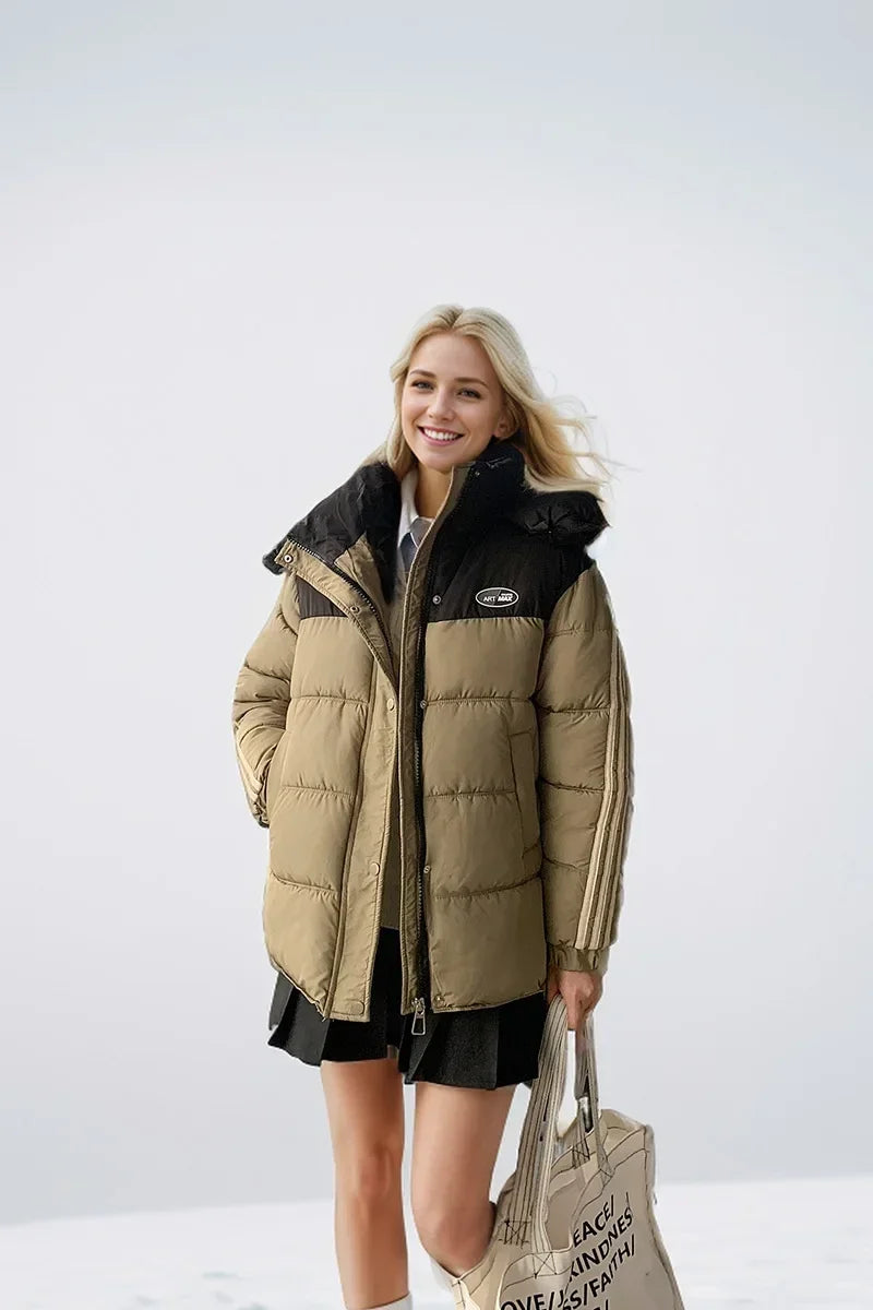 2024 neue Winter Damen jacke Kontrast lässig Kapuze Daunen Baumwoll jacke weiblich verdicken warme lose Puffer gepolsterte Parkas Mäntel