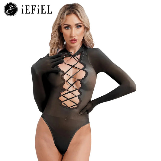 Frauen sexy tiefe Schnürung ein Stück Finger Bodys schiere Teddy Cat suits Club Babydoll Tanz Overalls