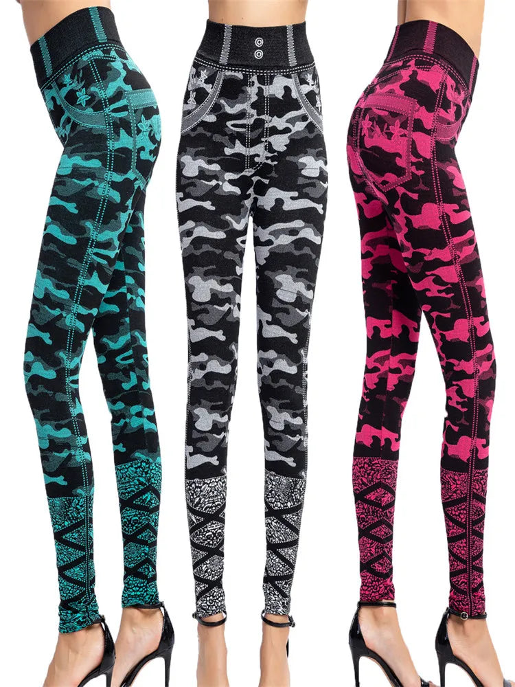 CUHAKCI Camouflage Printed Leggings Women Seamless Denim Sports High Waist Tights Workout Fitness Elastic Pants Stretch Jeggings