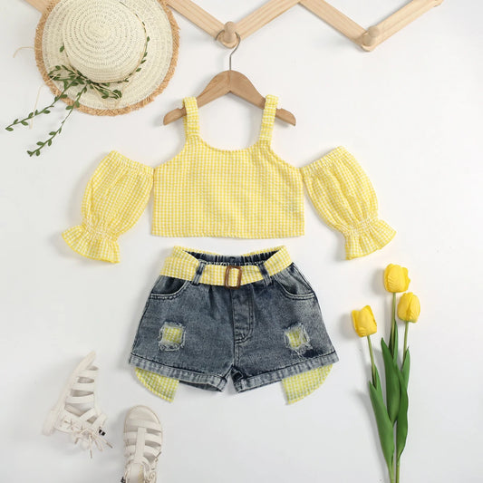 Neue Sommer Mädchen Kleidung setzt Plaid Neck holder Mode Top und Denim Shorts kleine Prinzessin Baby Anzüge Geburtstags geschenk Kinder kleidung