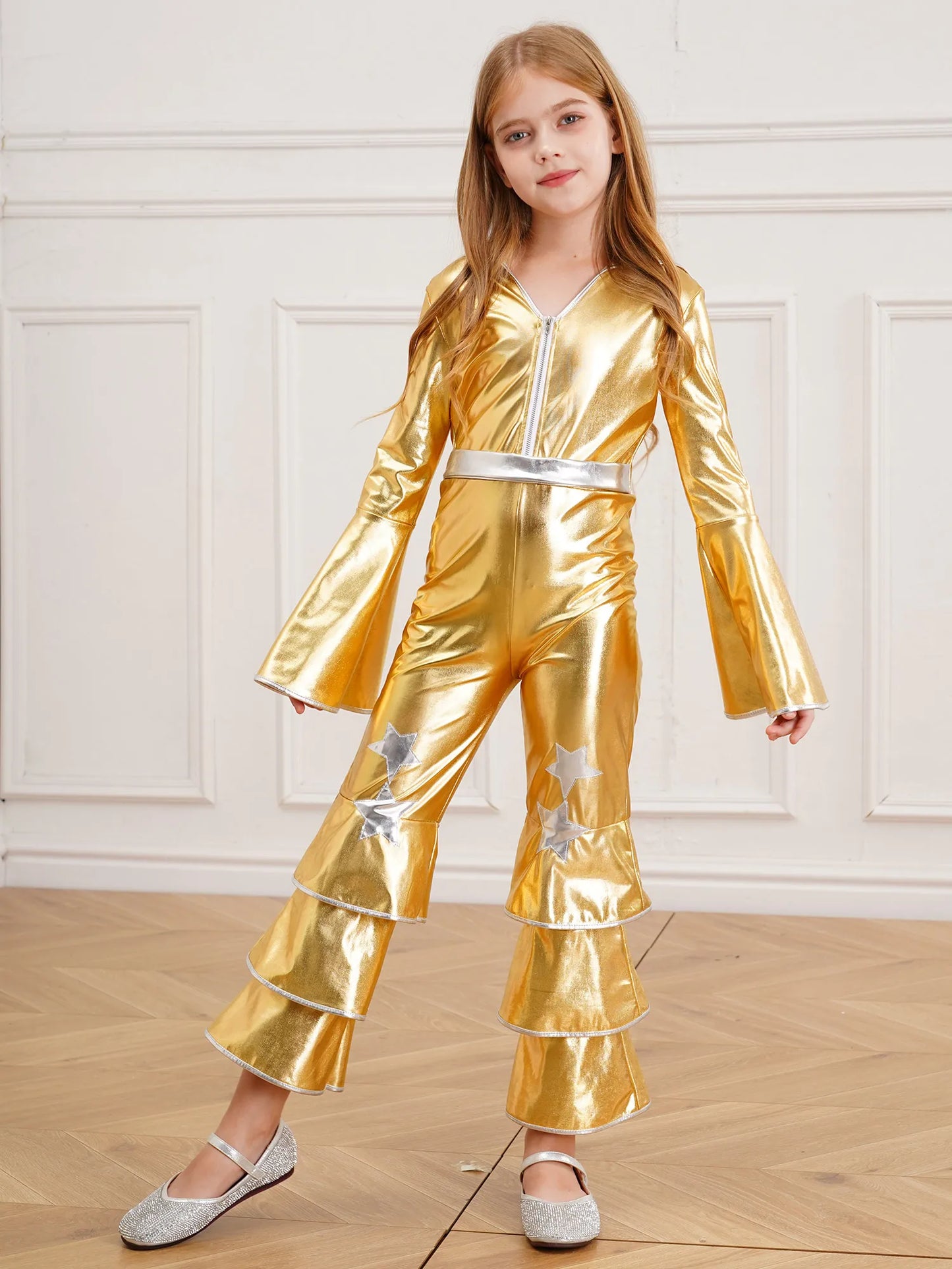 Kids Girls 70s 80s Disco Costume Metallic Flare Sleeve Ruffle Bell Bottom Jumpsuit Halloween Cosplay Funky Dancing Bodysuit