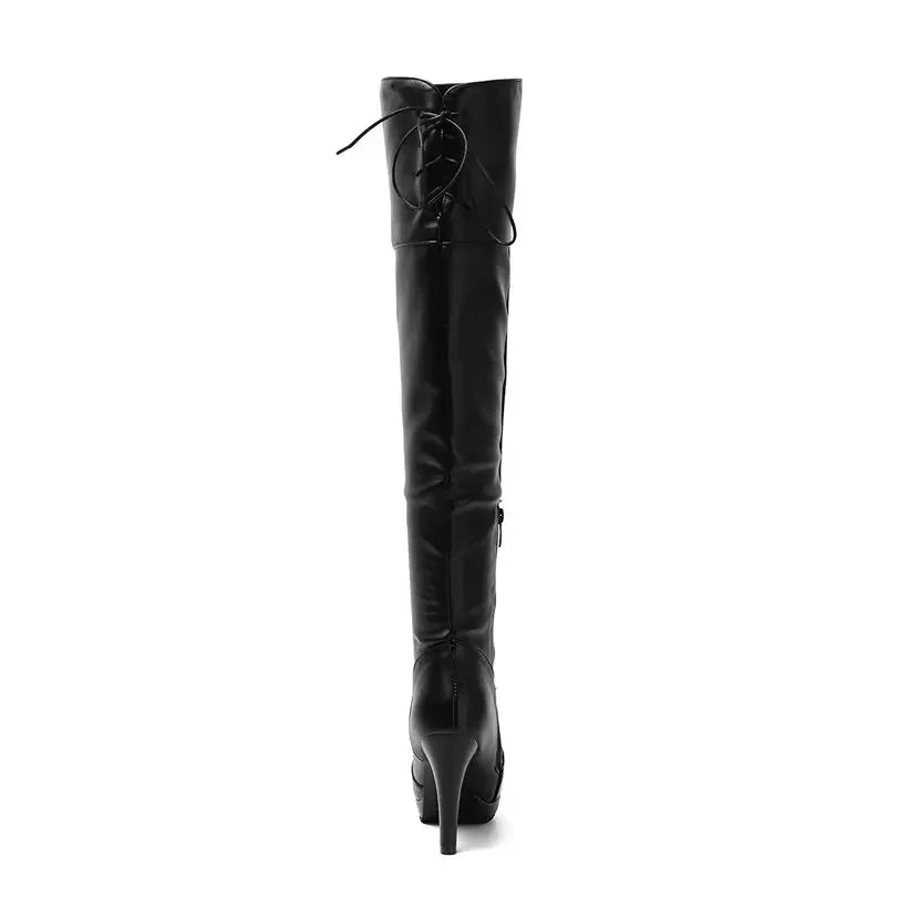 Winter Frauen Oberschenkel-hohe Plattform Stiefel Hohe Spike Heels Schwarz Weiß Party Club Damen Runde Kappe Zipper Sexy Lange über Knie Stiefel