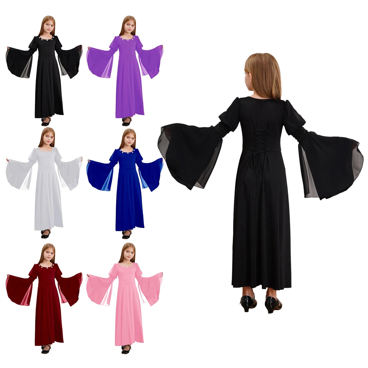 Kinder Mädchen mittelalter liche Renaissance Fee Kostüm Glocken ärmel Perlen viktoria nischen Kleid Retro-Kleid für Halloween Cosplay-Party