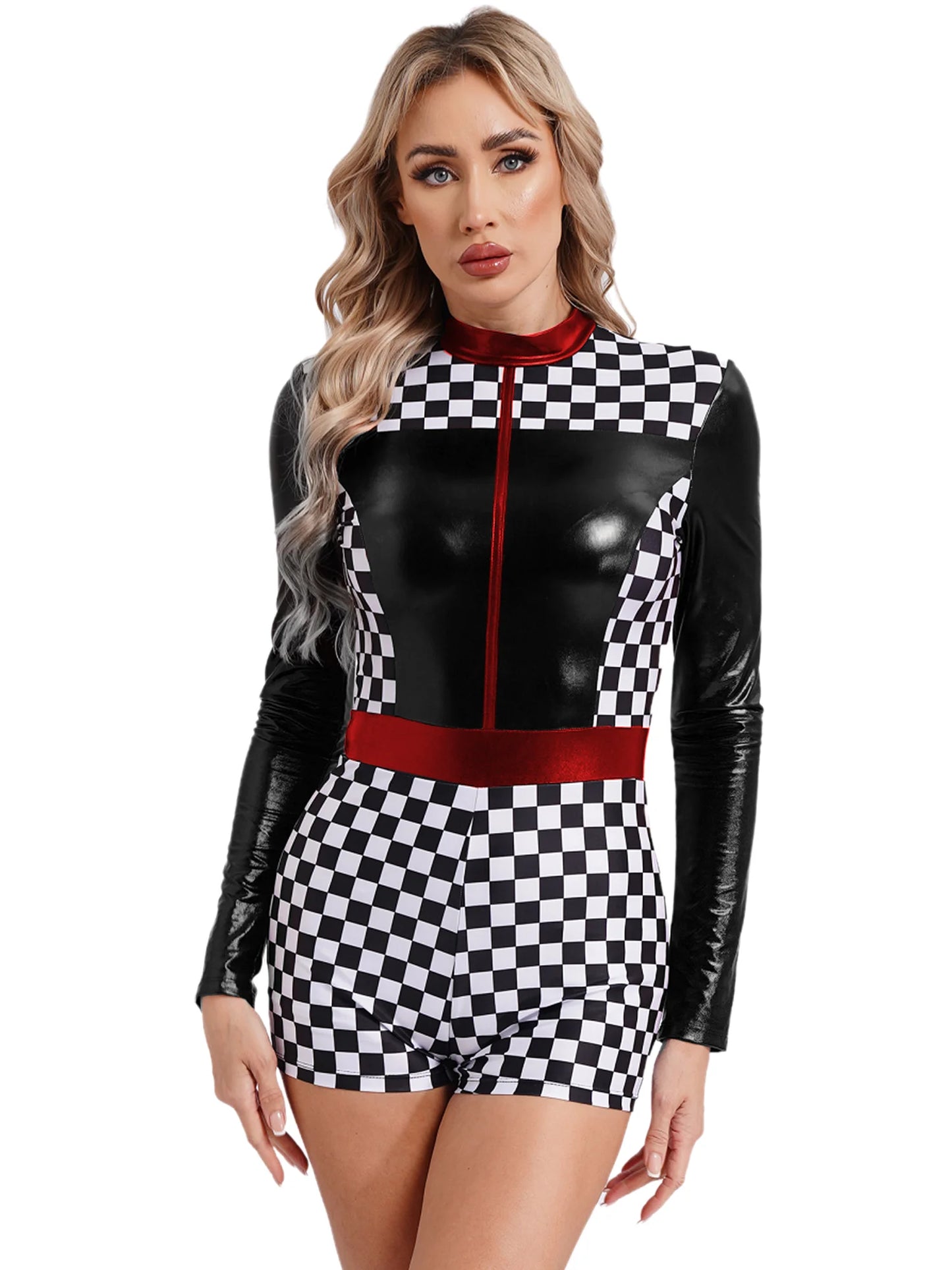 Womens Speed Car Driver Kostüm Halloween Racer Pullover Langarm Metallic Bodysuit Overall Cosplay Party Kostüm