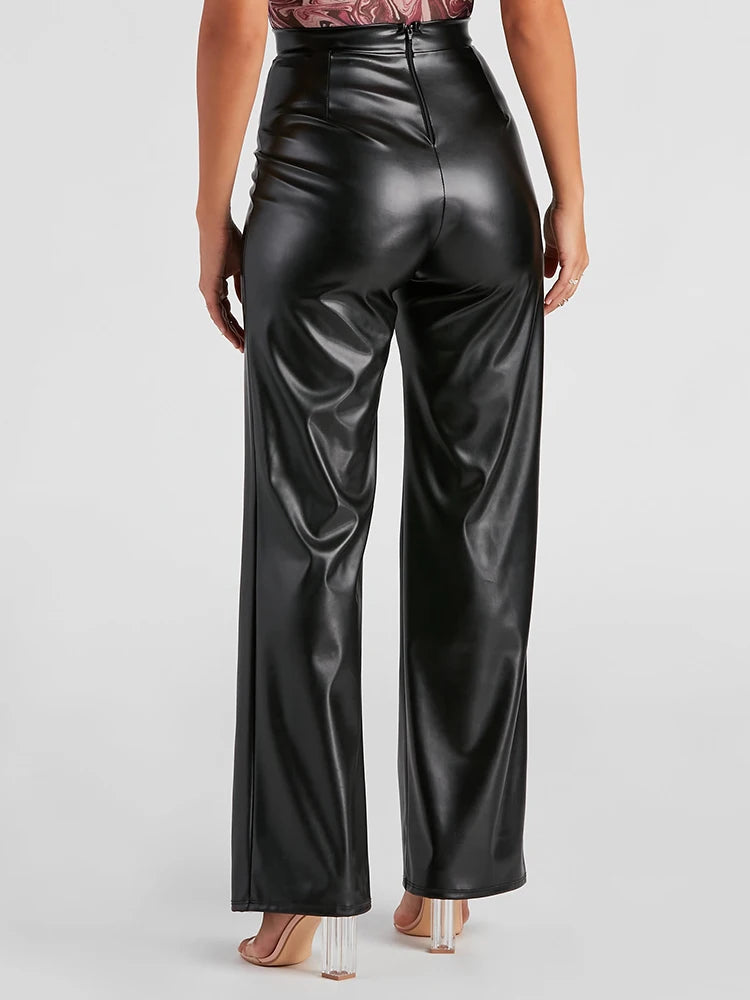 Elegant Black Matte Leather Pants Women High Waist Casual PU Straight Pants Ladies Vintage Stretch Trousers Clubwear Custom New