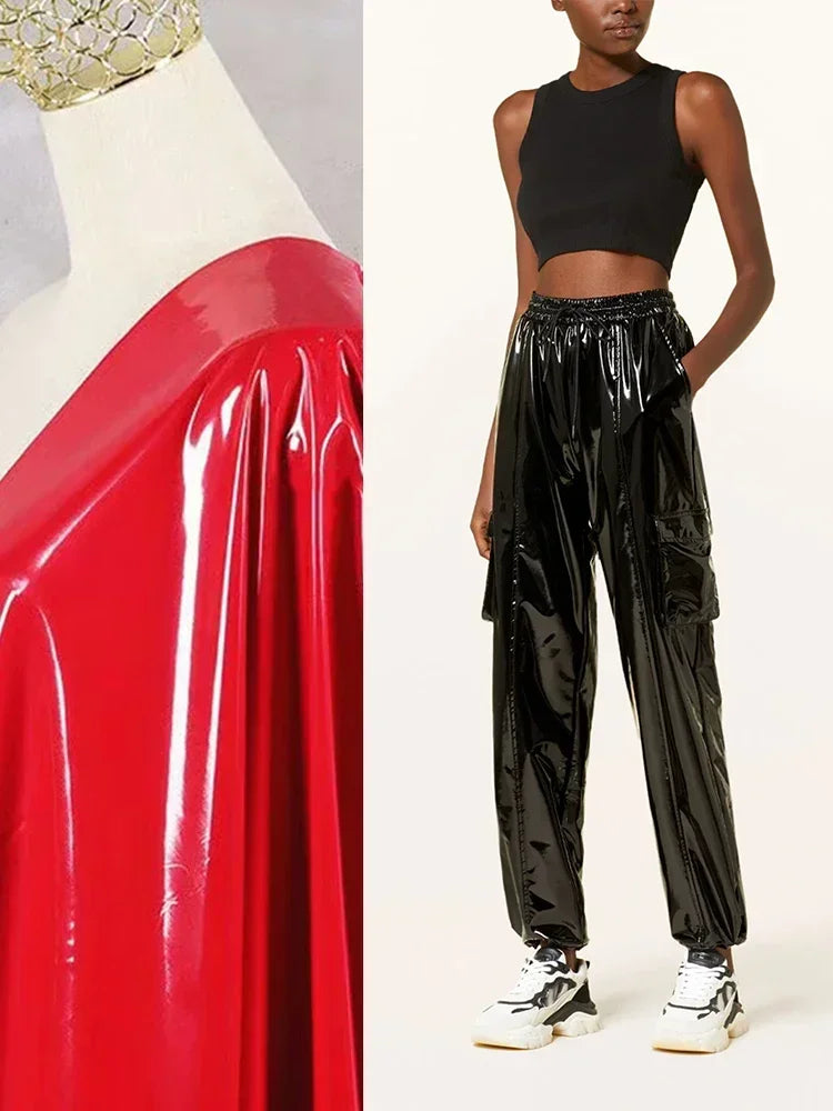 Frauen Shiny Faux Latex Knöchel Gummiband PU Hosen Damen Chic Elastischer Bund Leder Hosen Casual Unterhaltung Custom