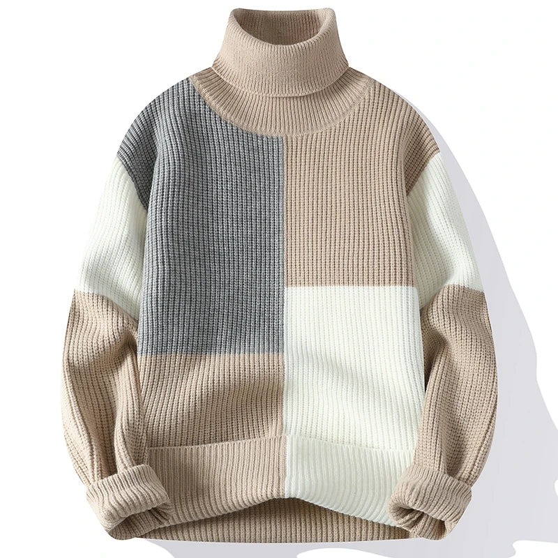 Autumn Winter Fashion Turtleneck Sweaters Men Patchwork Knitted Pullovers Mens Warm Casual Knit Turtleneck Pullover Sweater Man