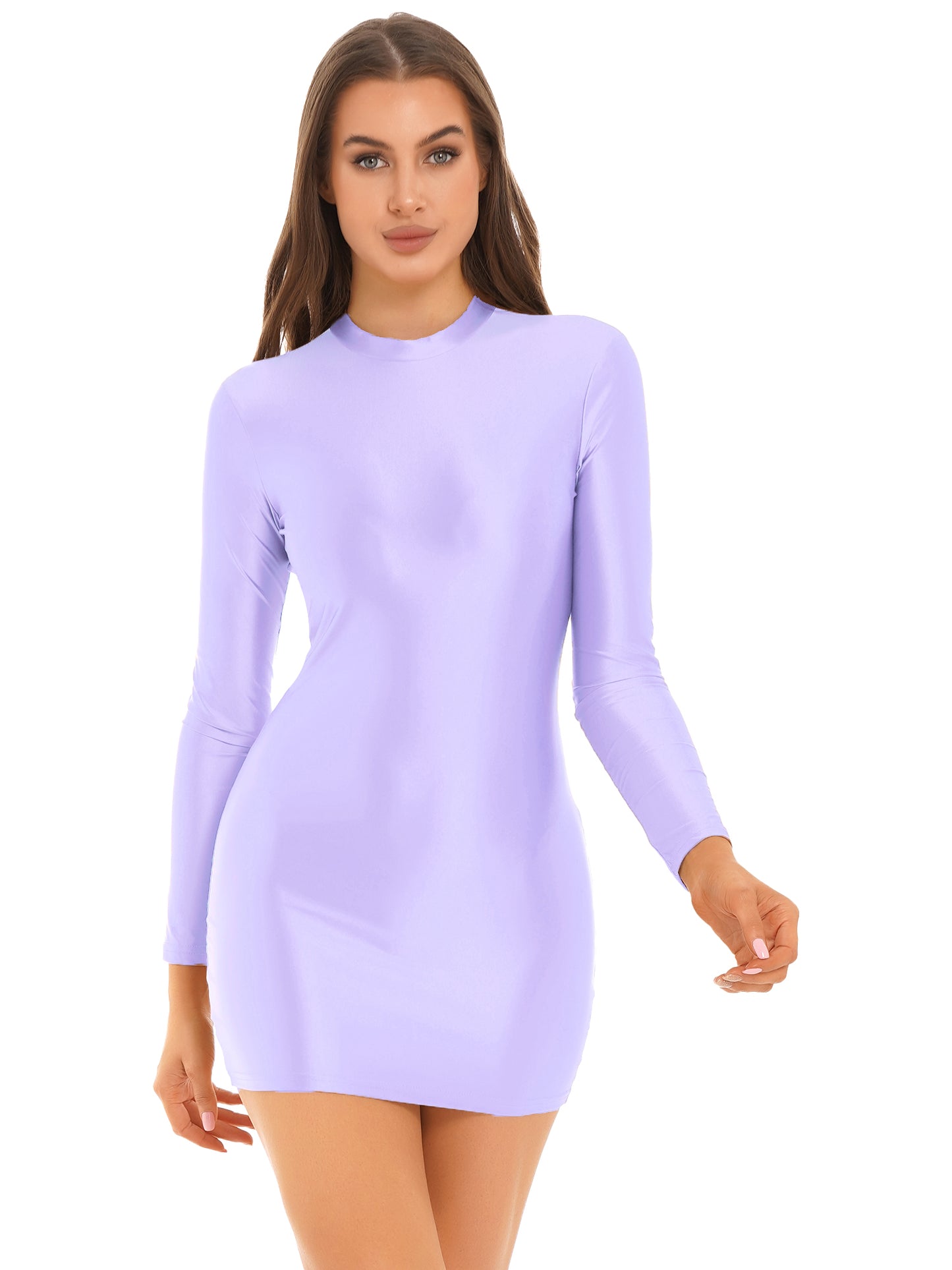 Frauen Sexy Bodycon Kleider Öl Glänzenden Glänzend Langarm Slim Fit Mini Bleistift Kleid Nachtclub Bar Rave Party Babes Clubwear