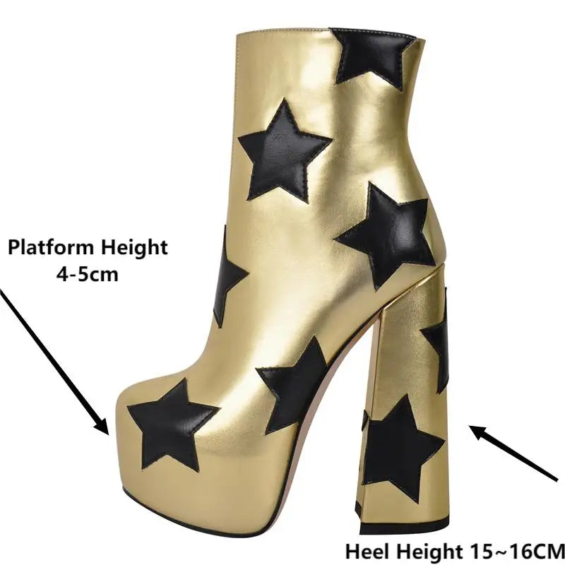 Only maker Frauen runde Zehen Plattform Stiefeletten klobige High Heel Seite Reiß verschluss Mode Gold Stiefeletten