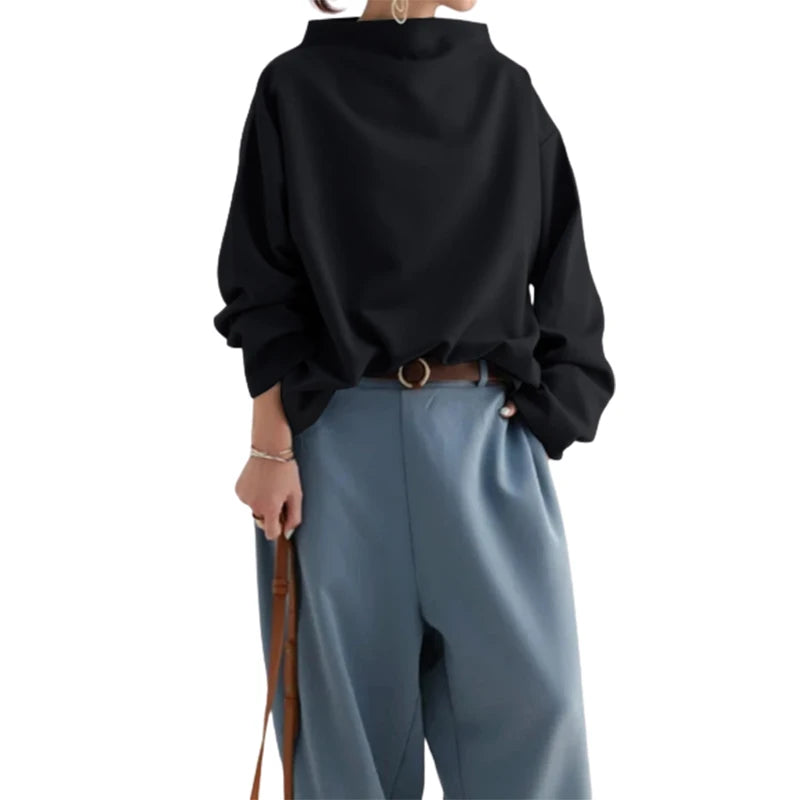 Yeezzi Frühling Weibliche Tops Mode Lässig Einfarbig High-Neck Long Sleeves Baumwolle Schwarz Shirts Für Frauen 2023