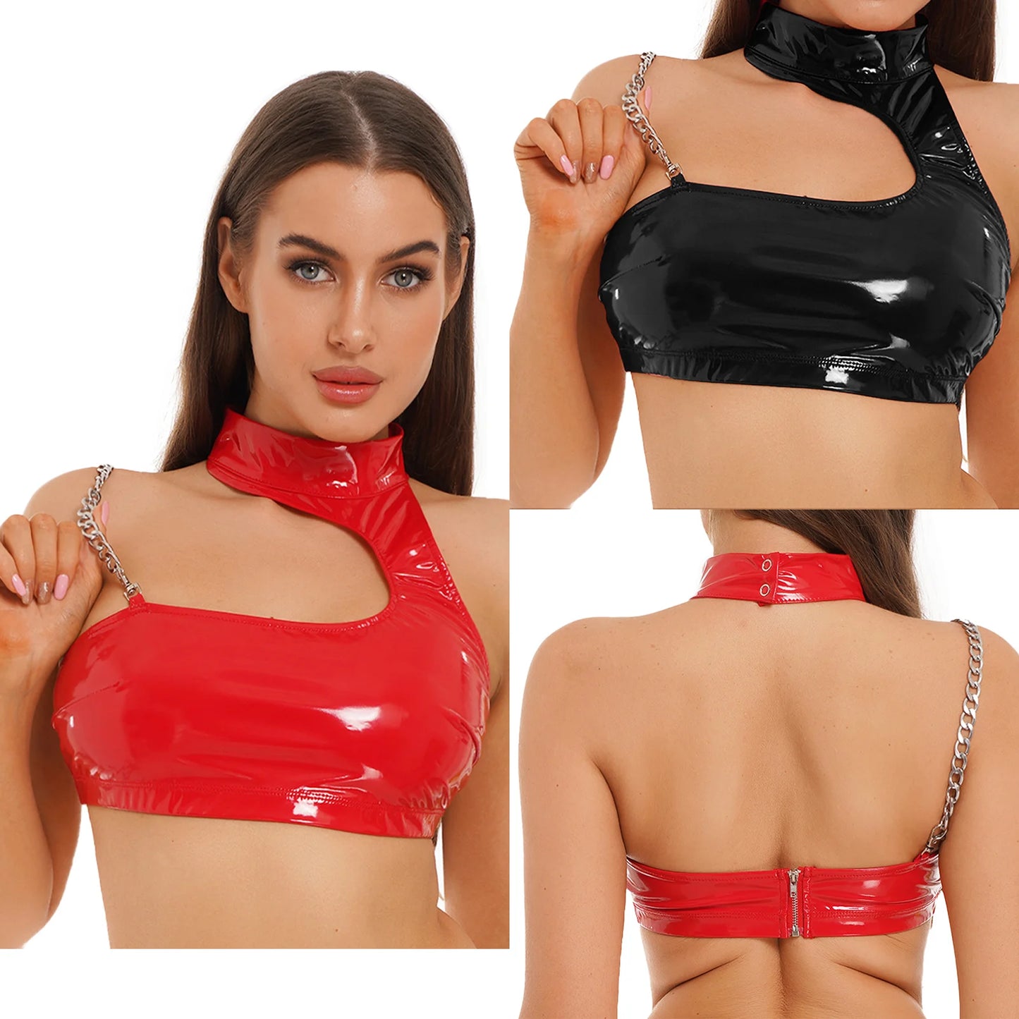 Frauen Mode Asymmetrische Schulter Halter Crop Top Metall Kette Riemen Weste Wet Look Patent Leder Backless Dessous Leibchen