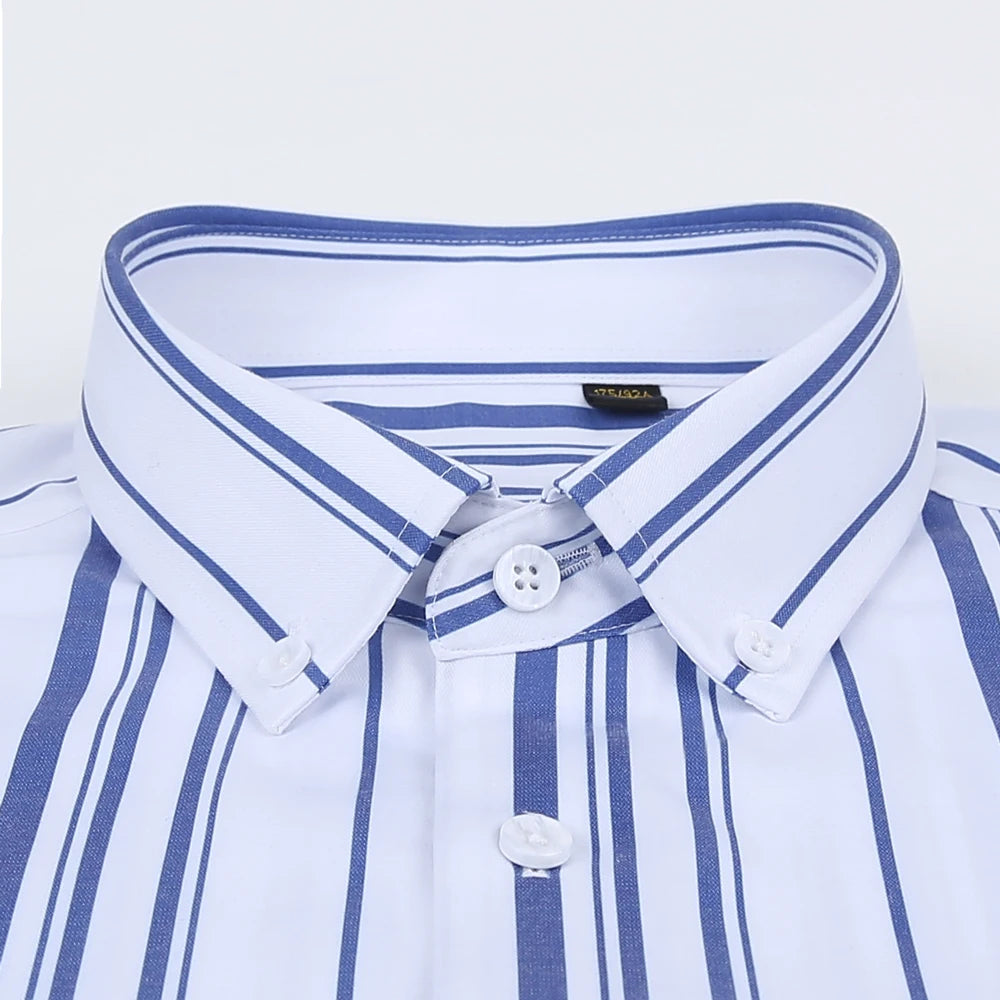 Men&#39;s Smart Casual Long Sleeve Striped Dress Shirts Without Pocket Business Standard-fit Button-down Collar Office Social Shirt