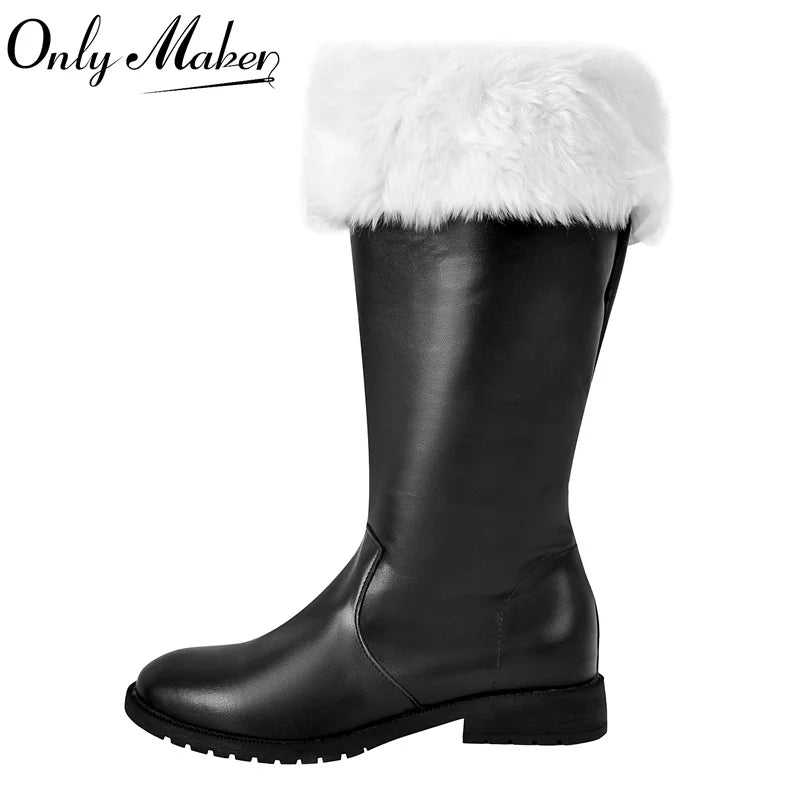 Onlymaker Weihnachtsstiefel mit runder Zehenpartie und breiter Wade, schwarze Schuhe, weiße Plüschmanschetten, Halloween-Winterstiefel