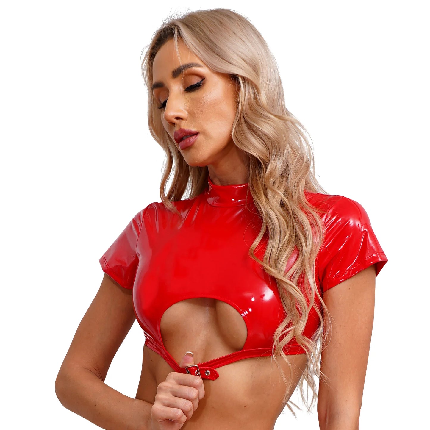 Damen Wet Look Lack leder Mock Neck Kurzarm Reiß verschluss zurück Ausschnitt Tank Crop Tops schmal geschnittene T-Shirts Hemd sexy Clubwear