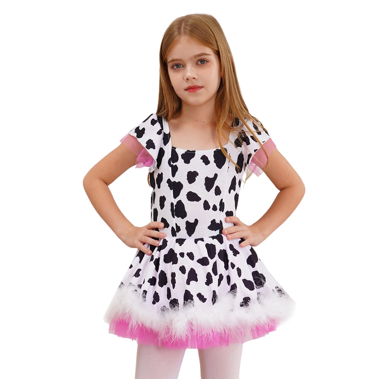 Kinder Cowgirl Kostüm Mädchen Kuh druckt Kurzarm Plüsch Tutu Kleid Trikot für Halloween Western Rodeo Dress Up Party Karneval