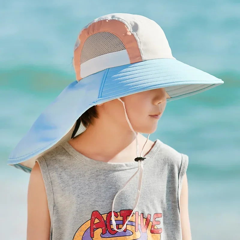 Sommer Baby Sonnenhut mit Hals klappe UV-Schutz gurt breite Krempe Strand hüte Kinder Eimer Hut Kappe für Jungen Mädchen im Freien