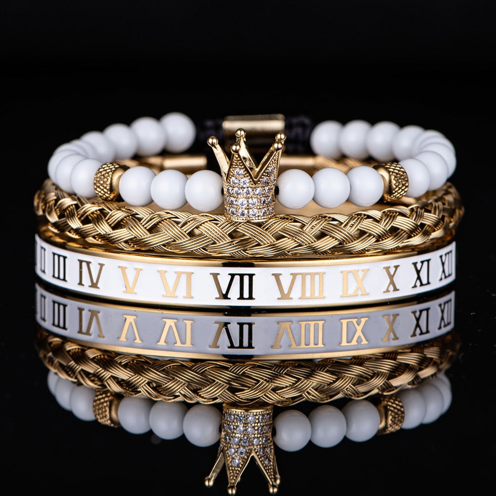 Luxury Set Crown Charm Gold Color Skull Bracelet Stainless Steel  Men White Enamel Roman Number Bangles Europe Fashion Jewelry