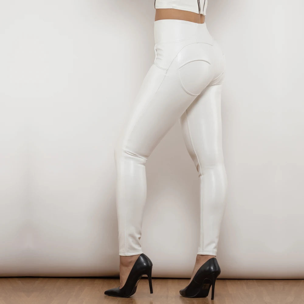 Shascullfites Melody White Leather High Waist Pants with Ring Zipper Push Up White Leather Leggings Elastic High Street Pants