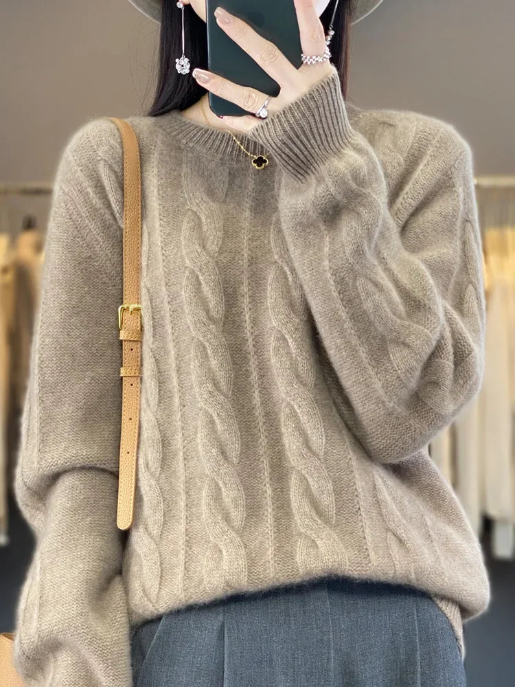 Frauen Winter Pullover 100% Merino Wolle Dicke Warme Oansatz Pullover Twist Blume Kaschmir Strickwaren Casual Koreanische Beliebte Kleidung