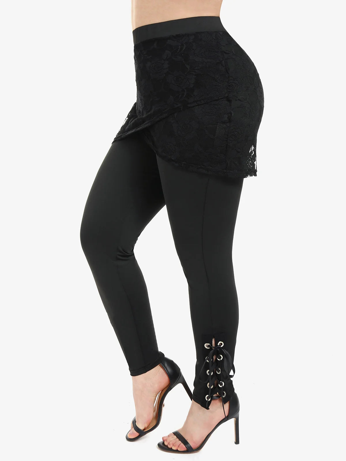 Rosegal Plus Size Damen Skinny Pants schwarz y2k Lace Panel Schnür hose Hose mit hoher Taille