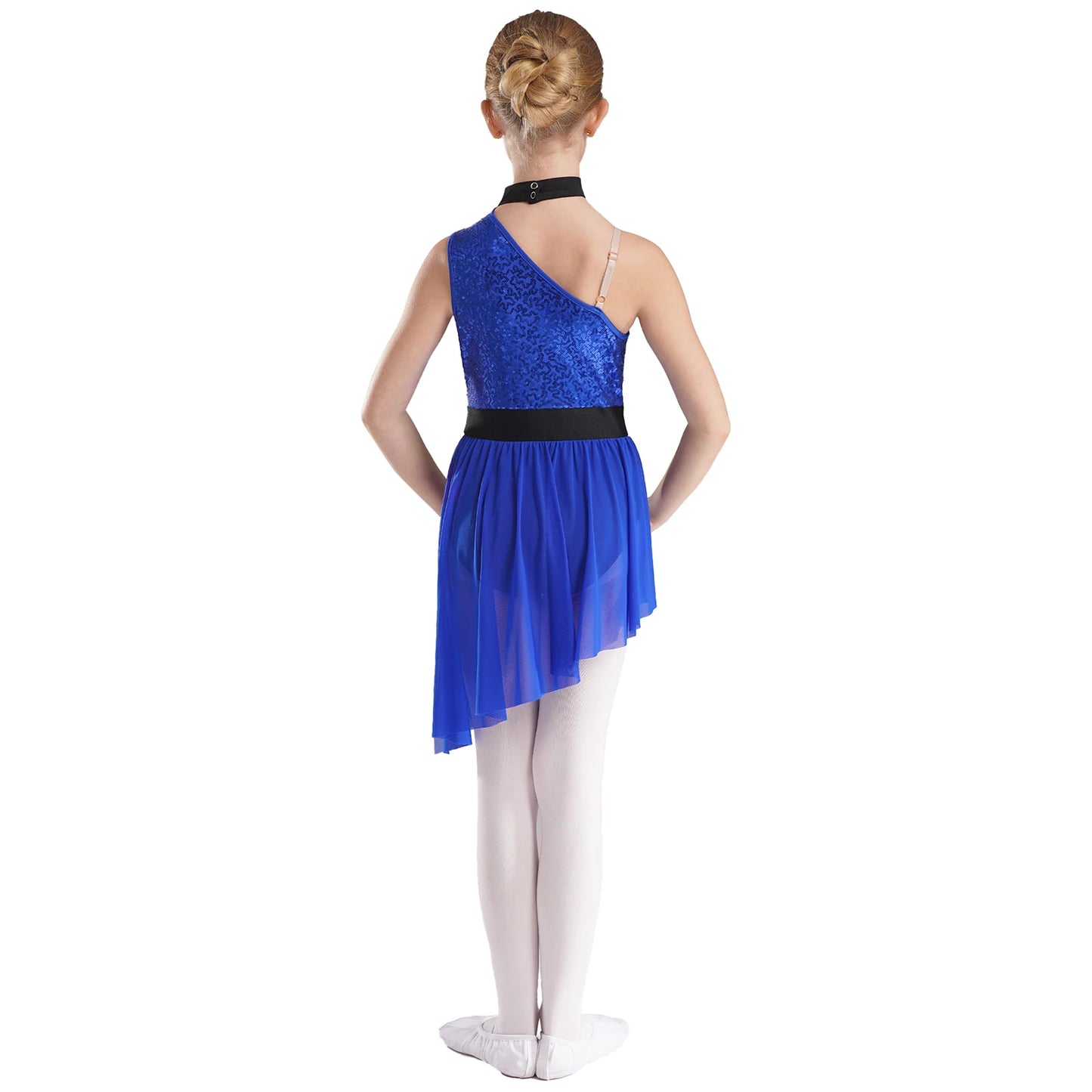 Kids Girls Lyrical Dance Costume Cutout One Shoulder Ballet Asymmetrical Tulle Dress Leotard Modern Contemporary Dancewear