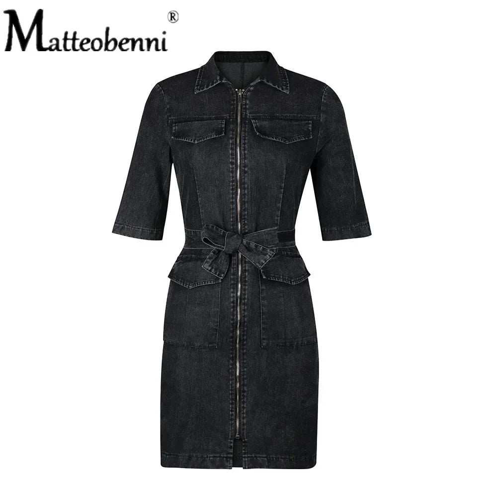 Reißverschluss kurzarm Mini Jean Kleid