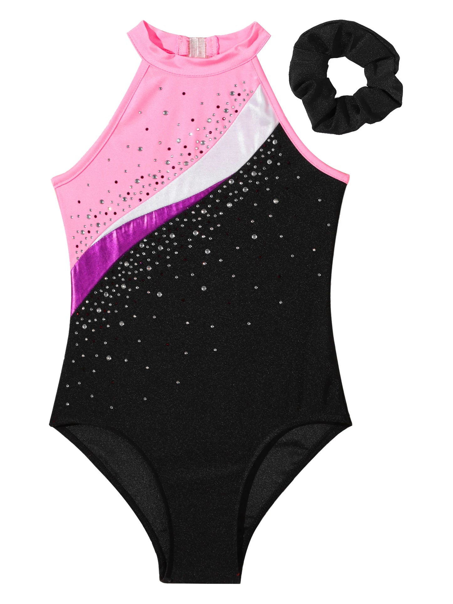 Kids Girls Ballet Dance Sets Child Artistic Gymnastics Workout Dance Costumes Shiny Rhinestone Leotards with Hair Band Shorts