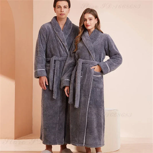 Doppelseitige Verdicken Flanell Herbst Winter Korallen Fleece Paar Lange Robe Hause Kleidung Lange Bademantel Nachtwäsche Lose Loungewear