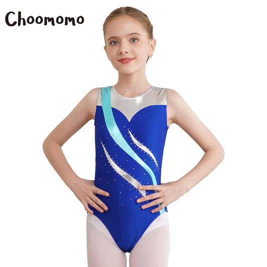 Kinder Mädchen Gymnastik Trikots ein Stück Farb block Metallic Ballett Tanz sportlichen Bodysuit Unitard Team Wettbewerb Dance wear