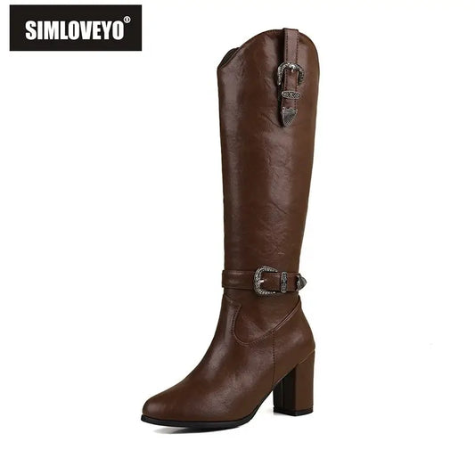 Simloveyo britische Frauen kniehohe Stiefel runde Zehen block absatz 7,5 cm Größe 51 52 Mode Reiten bota