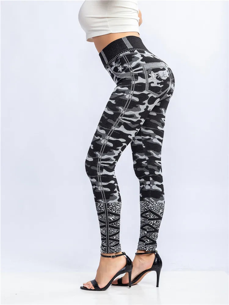 CUHAKCI Camouflage Printed Leggings Women Seamless Denim Sports High Waist Tights Workout Fitness Elastic Pants Stretch Jeggings