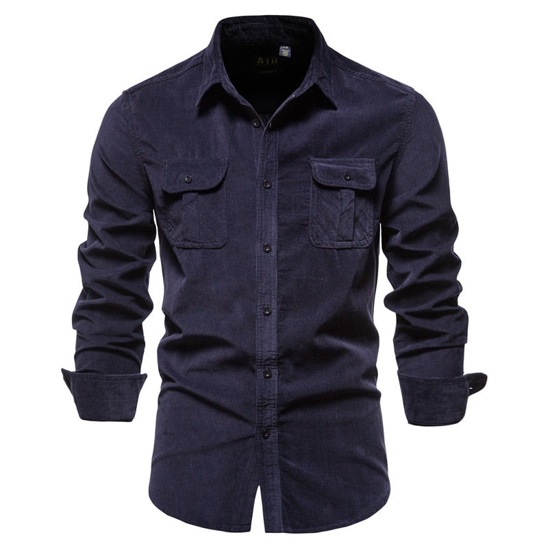 New Men&#39;s Shirt Fashion Corduroy Shirts Men Business Casual Single Breasted Cotton Men Shirts Solid Color Slim Fit Full Top