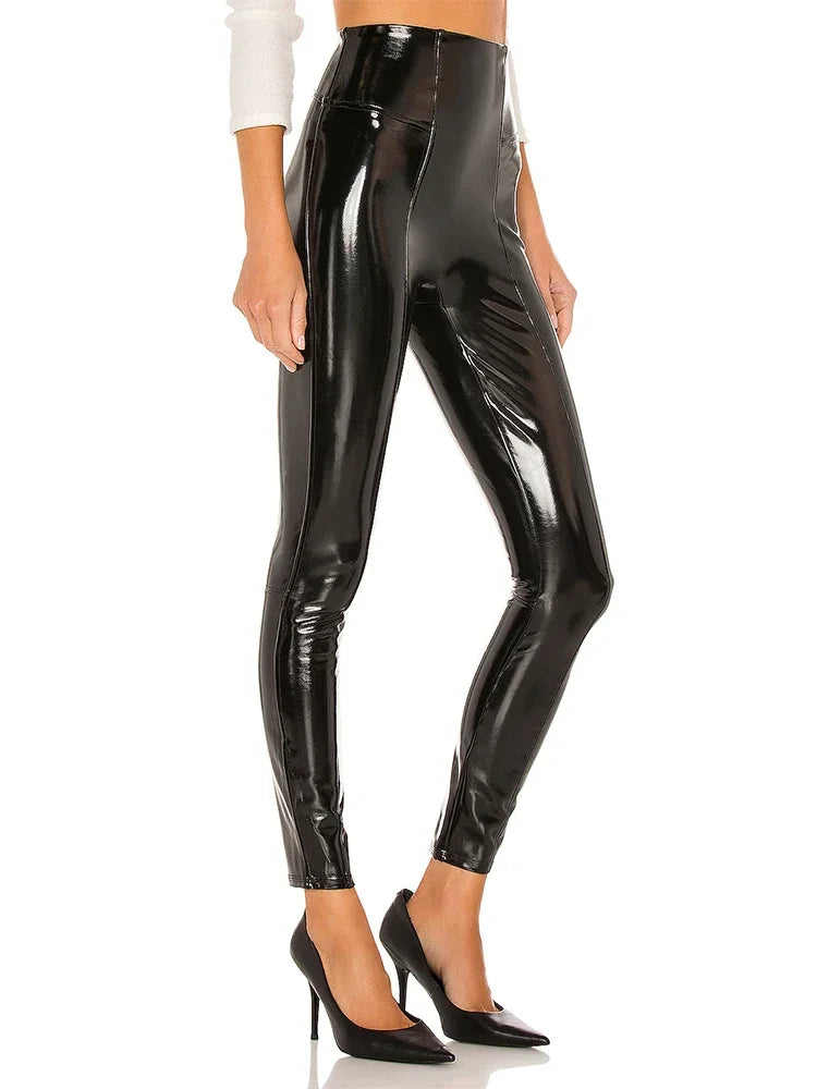 Glänzende Lack leder Leggings Frauen Kunst latex hohe Taille Bleistift hose schlanke Stretch Bodycon Spleiß hose Clubwear benutzer definierte