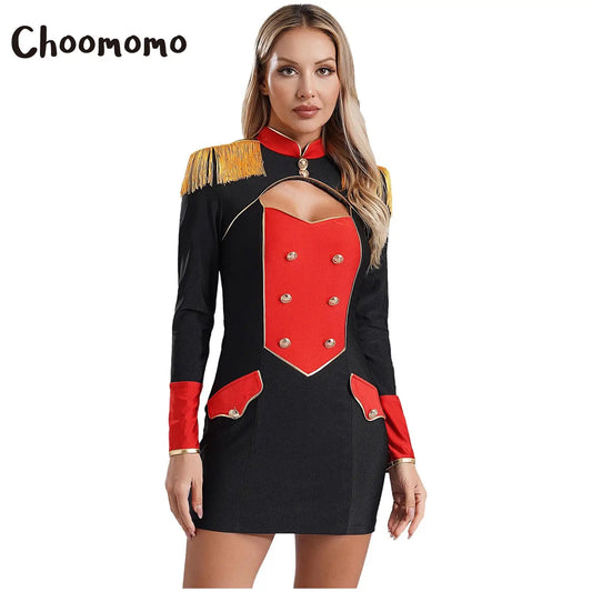 Damen roten Ring master Langarm Quaste Ausschnitt Mini kleid Bodycon Zirkus Showman Löwe Tamer Rin leader Halloween Kostüme