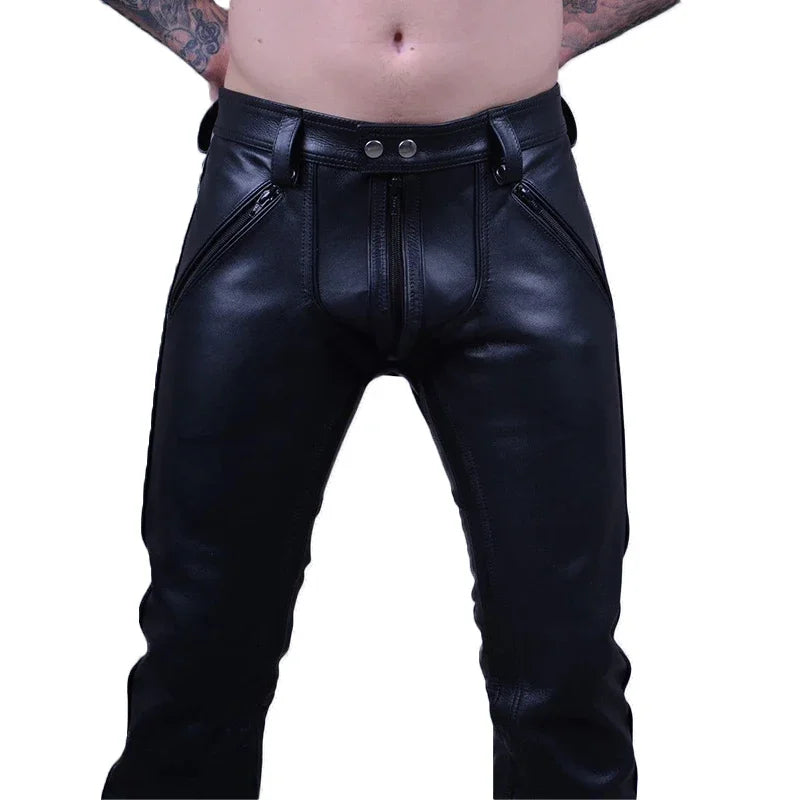 Faux Latex schwarz matt Leder Männer gerade Hosen männlich Reiß verschluss Schritt Öffnung Spleißen pu sexy schlanke Hose mit Taschen neue benutzer definierte