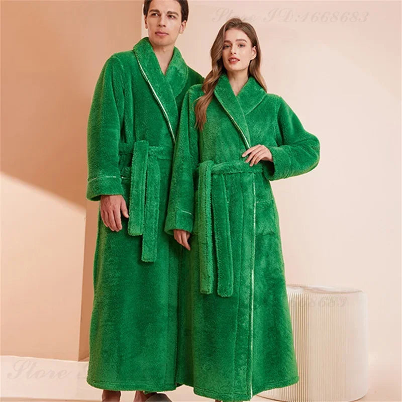 Doppelseitige Verdicken Flanell Herbst Winter Korallen Fleece Paar Lange Robe Hause Kleidung Lange Bademantel Nachtwäsche Lose Loungewear