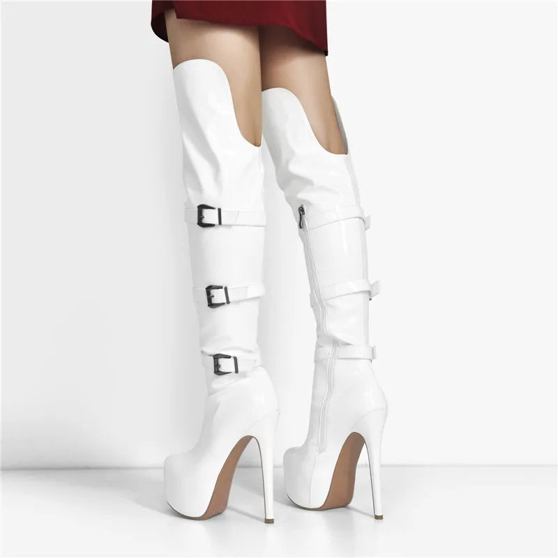 Only maker Frauen Plattform runde Zehen Stiletto Seite Reiß verschluss über dem Knie hohe Stiefel Lack leder rot Mode sexy Winters tiefel