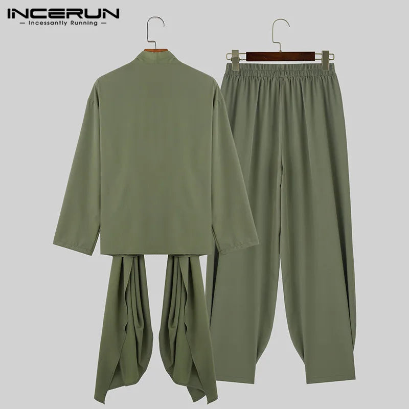 INCERUN Men Irregular Sets Solid Color V Neck Long Sleeve Lace Up Shirt & Pants 2PCS Streetwear 2024 Fashion Men's Suits S-5XL
