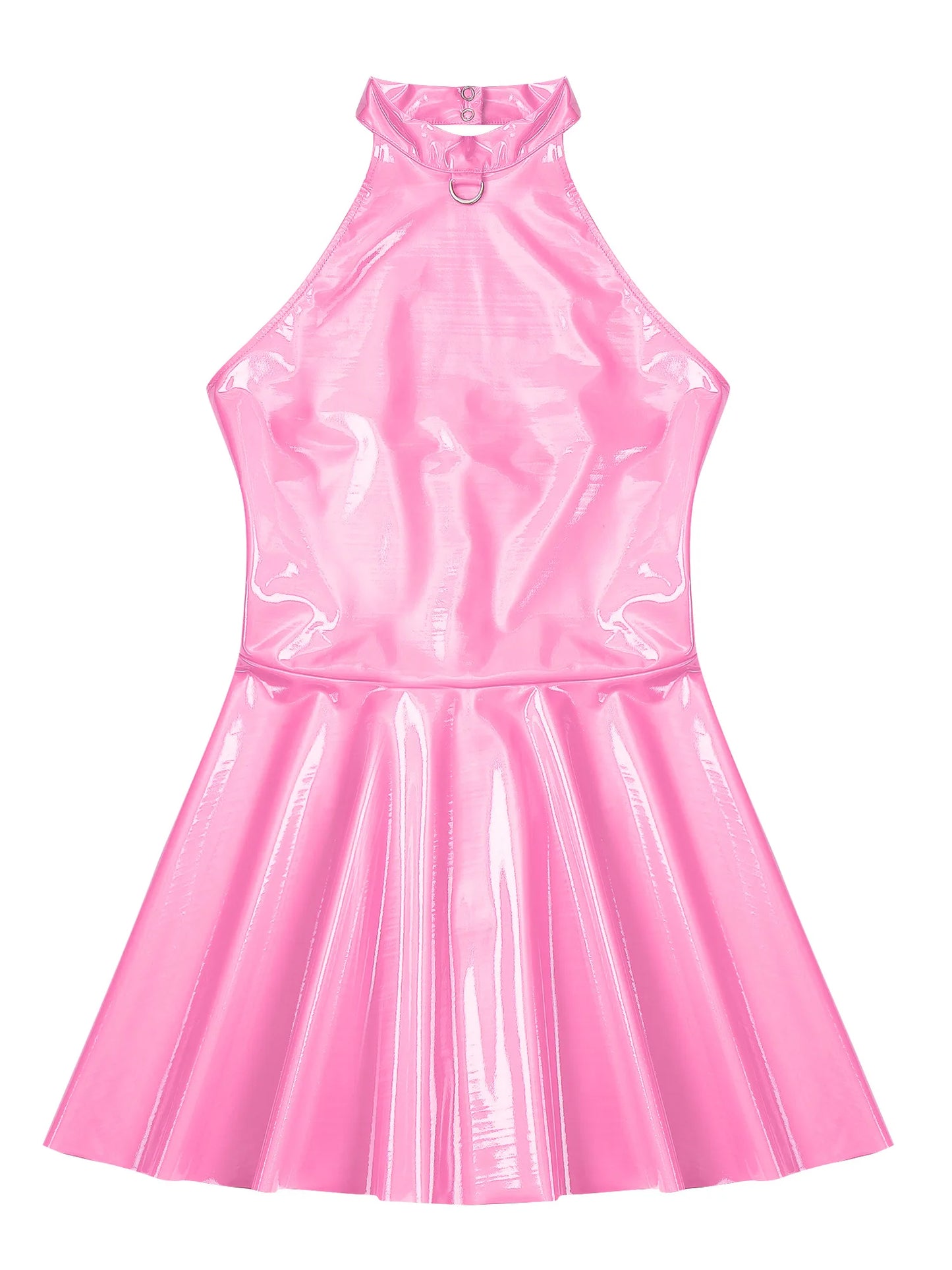 Damen Wet Look Lack leder Halfter rücken frei Skater Mini A-Linie Kleid Vinyl Latex glänzend Cocktail Party Club Kleider Clubwear