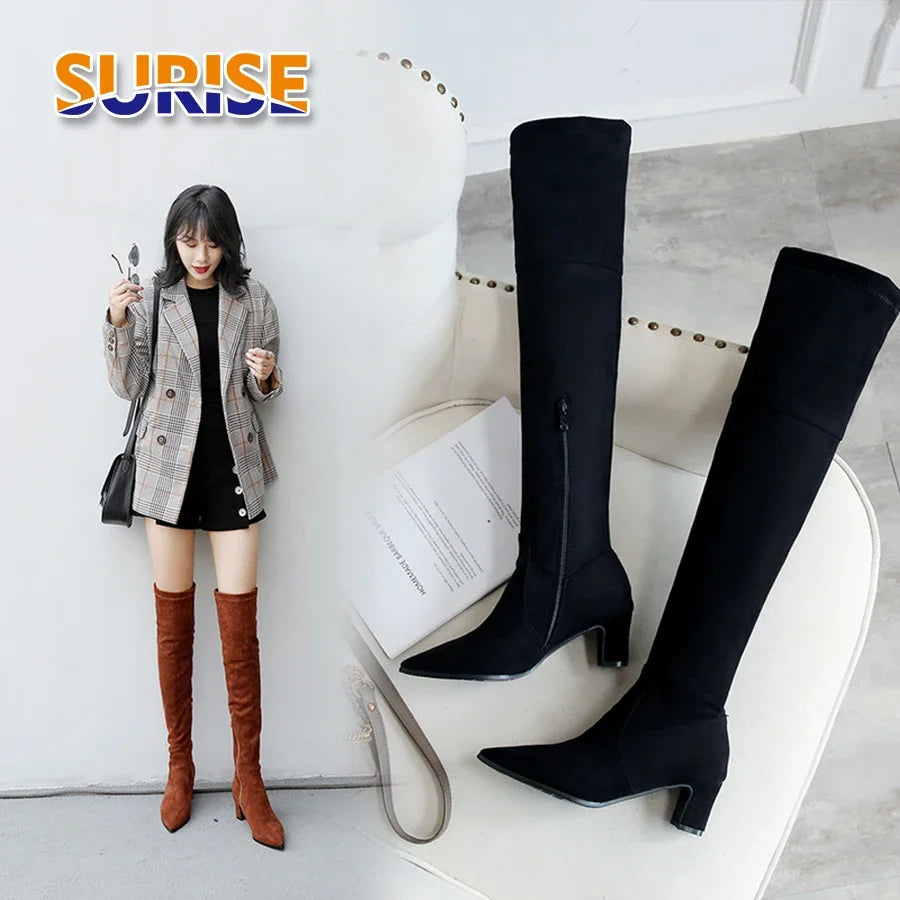 Winter Herbst Frauen Stretch über Knie Stiefel 6cm Block klobig High Heel schwarz grau Herde spitzen Zehen Dame Reiß verschluss Oberschenkel hohe Stiefel