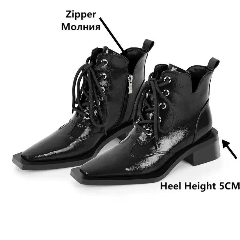 Nur Maker Square Toe Schnürung Chunky Heel Stiefeletten Seite Reiß verschluss Mode Stiefel