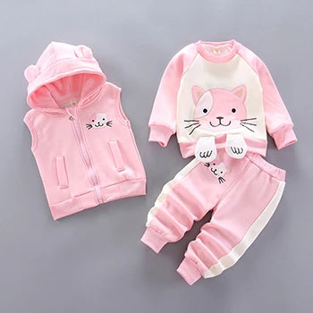 3 Stück süße Katze warm halten Mädchen Kleidung Herbst Jungen Kleidung Sets Kapuze Weste Mantel Hose Baby Anzüge 1-4 Jahre neue Kinder kleidung