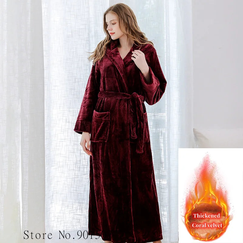 Extra lange Winter Korallen Fleece Bademantel Frauen Kapuze warme Kimono Bademantel gemütliche Kimono Dusch roben lose Peignoirs Nachthemd