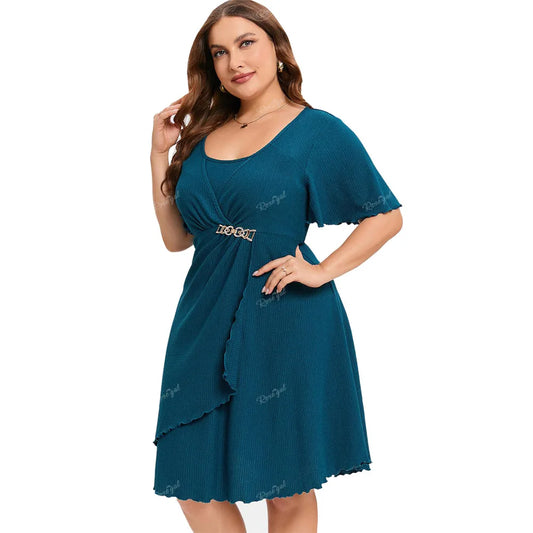 Ros gal Plus Size Freizeit kleider Vestidos tiefblaue Kette Panel geraffte surpliced geschichteten Salat besatz Kleid Sommer Damen kleid